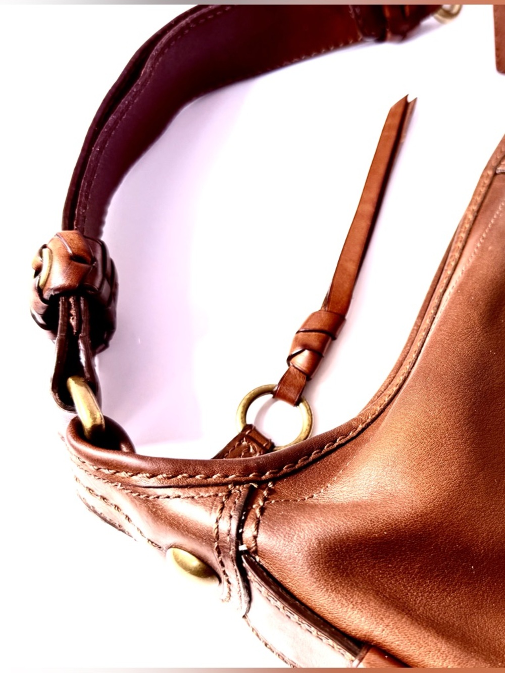 Coach Ergo Brown Leather Vintage Hobo Bag in Satin Tattersall Y2K Brass Buckle - Picture 9 of 14